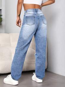 SHEIN EZwear Ripped Straight Leg Jeans - Light Wash - View 2