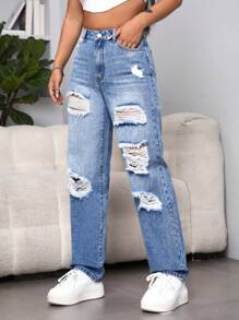 SHEIN EZwear Ripped Straight Leg Jeans - Light Wash - View 5