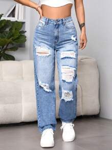 SHEIN EZwear Ripped Straight Leg Jeans - Light Wash - View 4