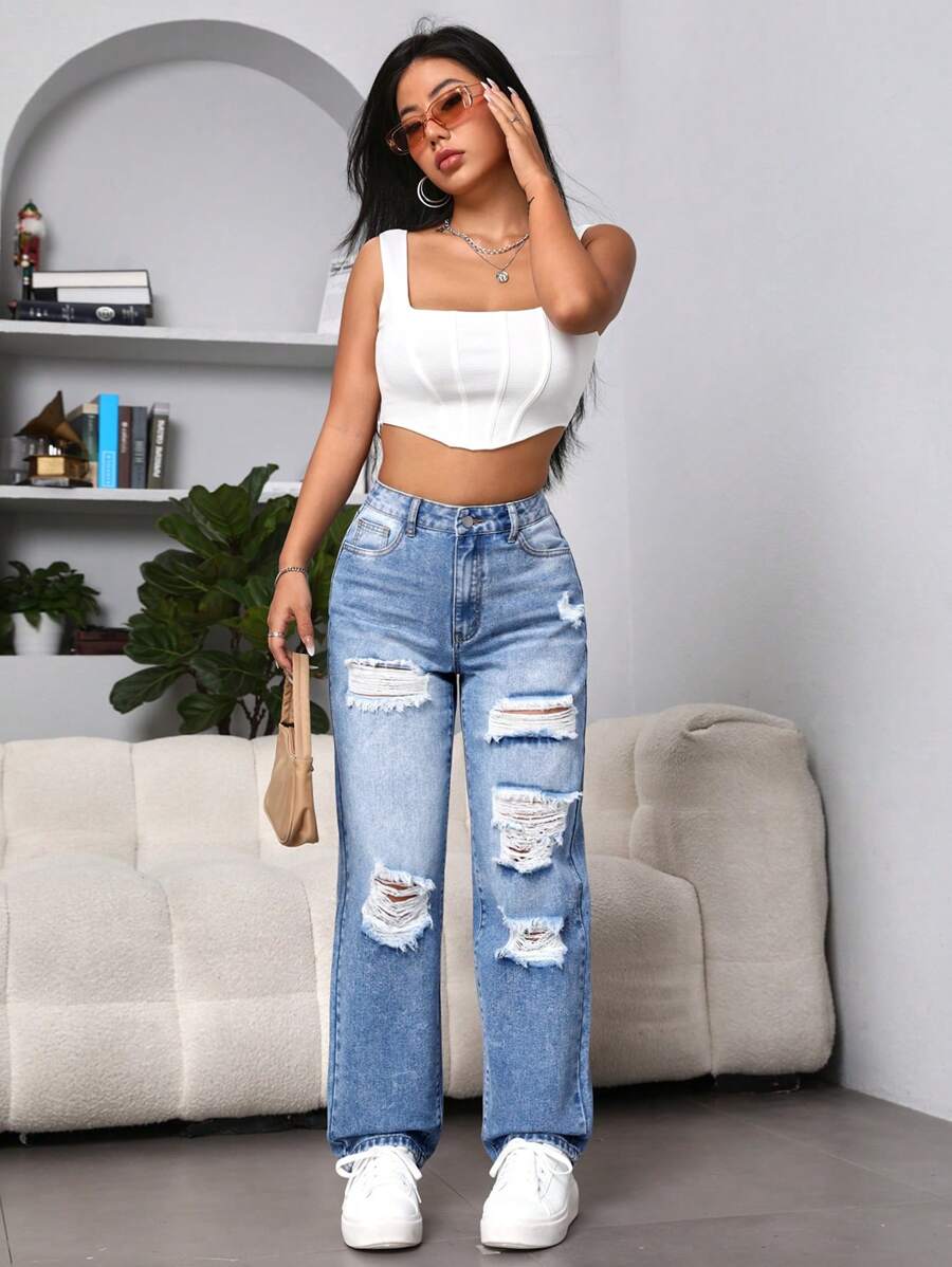 SHEIN EZwear Ripped Straight Leg Jeans - Light Wash - View 1
