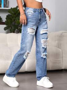 SHEIN EZwear Ripped Straight Leg Jeans - Light Wash - View 6