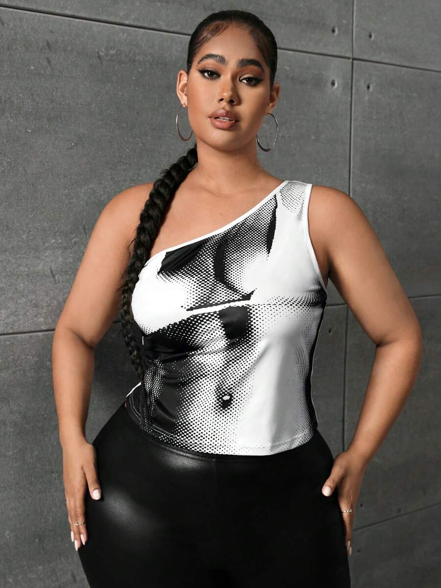 SHEIN SXY 大碼人像圖案單肩上衣 - 黑與白 - 查看 1