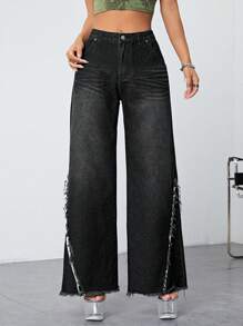SHEIN ICON Raw Trim Wide Leg Jeans - Black - View 5