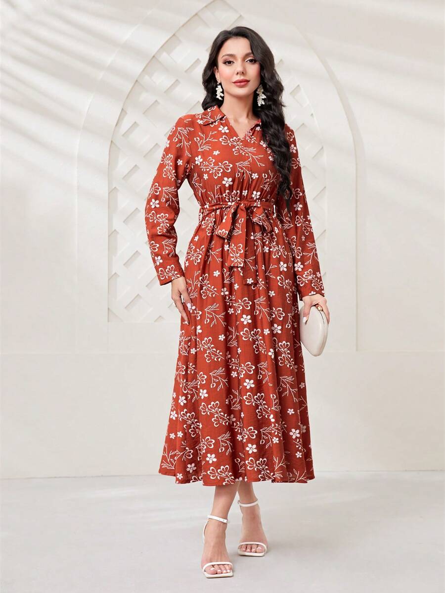 Mulvari Floral Print Belted Shirt Dress - Redwood - View 1