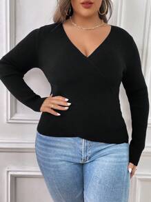 SHEIN Essnce Plus Solid Wrap Cross Ribbed Knit Sweater