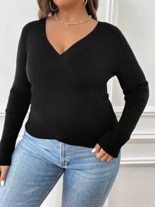 SHEIN Essnce Plus Solid Wrap Cross Ribbed Knit Sweater