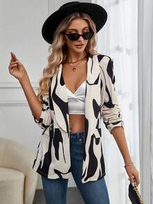 SHEIN Essnce 圖案印花青果領抽褶袖開門襟西裝外套 - 彩色 - 查看 2