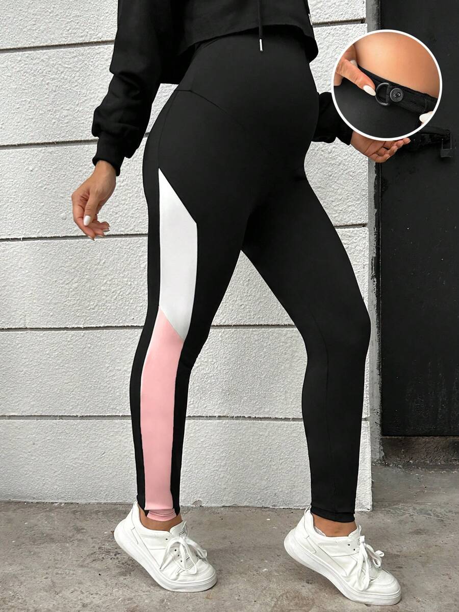 SHEIN Maternity Colorblock Adjustable Waistband Contrast Sideseam Leggings - Black - View 1