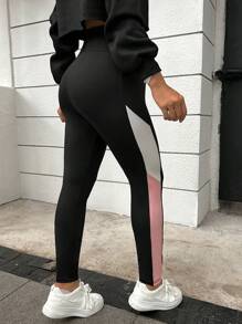 SHEIN Maternity Colorblock Adjustable Waistband Contrast Sideseam Leggings - Black - View 2