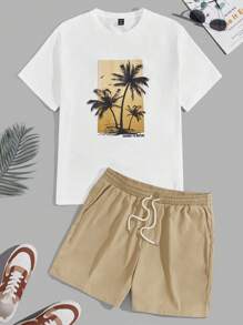 GENTILAND Men Plus Coconut Tree Print Tee & Drawstring Waist Shorts - Multicolor - View 1