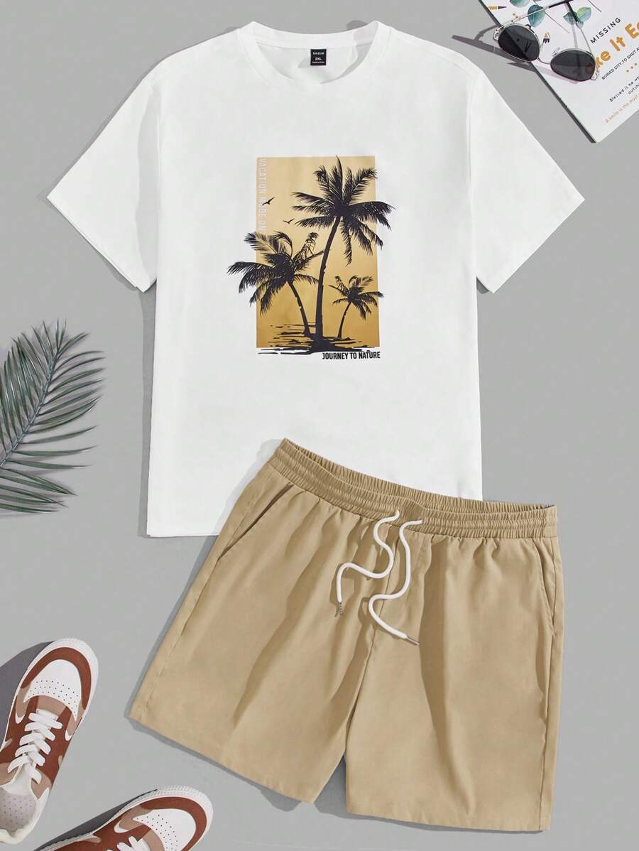 GENTILAND Men Plus Coconut Tree Print Tee & Drawstring Waist Shorts - Multicolor - View 1
