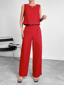 SHEIN Essnce Solid Tank Top & Wide Leg Trousers - Red - View 4