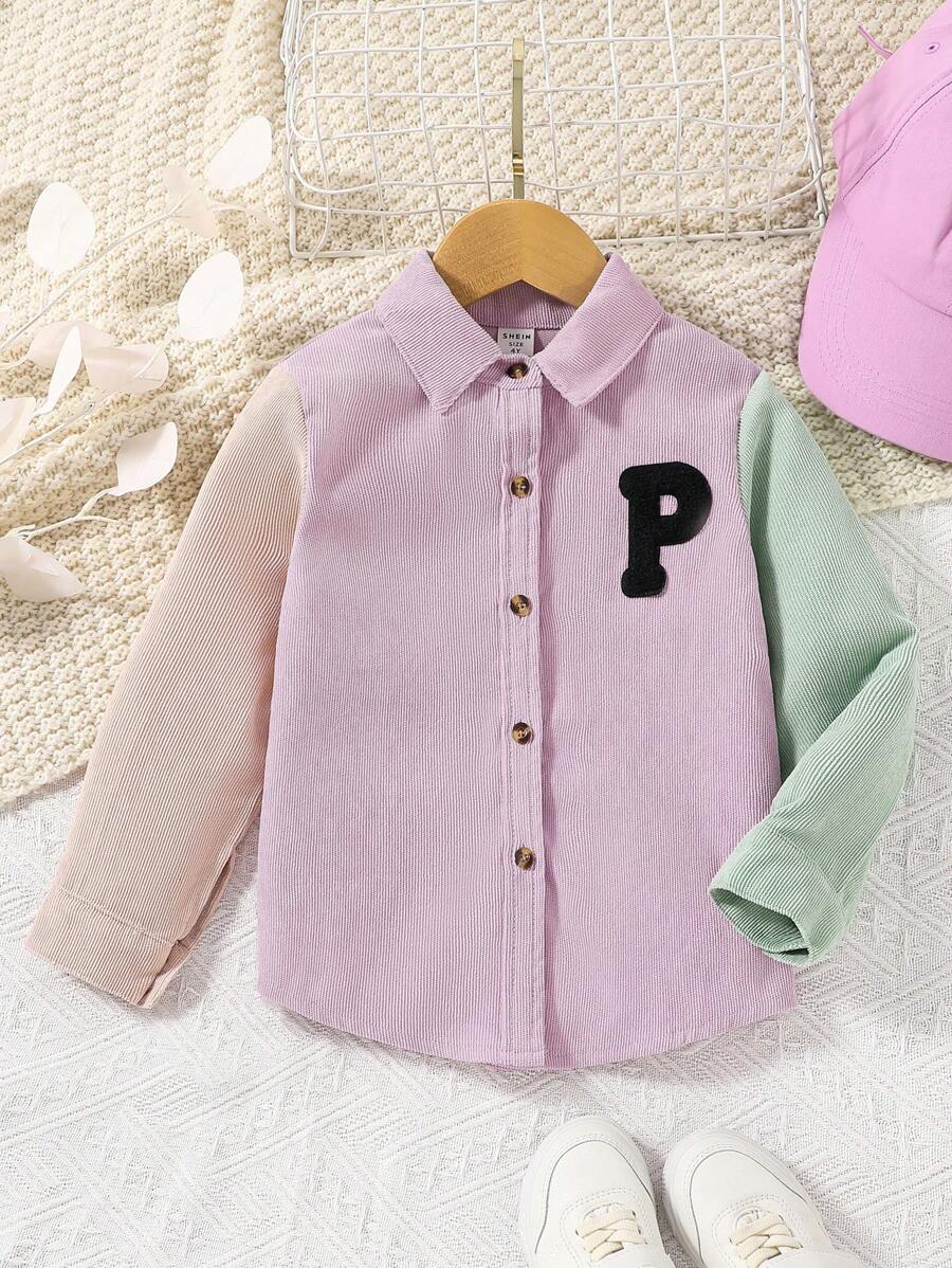 SHEIN Young Girl Letter Patched Colourblock Button Front Shirt - Multicolor - View 1