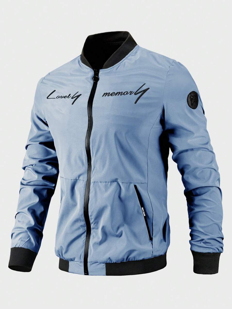 Manfinity Nam Đồ họa Chữ cái Dây kéo Áo khoác bomber - Màu xanh bụi bặm - Xem 1