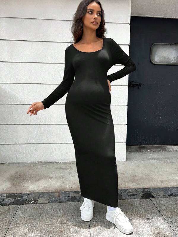 SHEIN Maternity Solid Scoop Neck Bodycon Dress SHEIN USA