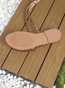 Women Studded Decor Toe Post Flat Sandals, Fashion Summer Thong Sandals