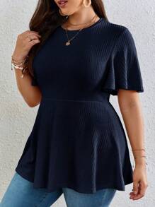 SHEIN VCAY Plus Waffle Knit Butterfly Sleeve Peplum Tee - Navy Blue - View 3