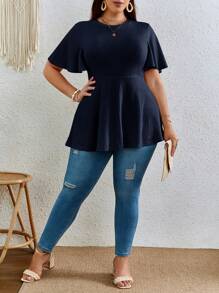 SHEIN VCAY Plus Waffle Knit Butterfly Sleeve Peplum Tee - Navy Blue - View 4
