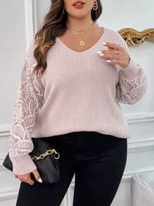 SHEIN Clasi Hơn Ren tương phản Thả vai Áo len - Bụi hồng - Xem 6