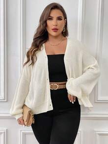 SHEIN Privé Plus Contrast Mesh Drop Shoulder Button Front Cardigan - Apricot - View 4