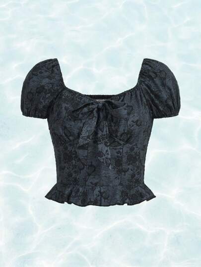 Fairycore Blouse Imprimé Floral Et Papillon À Nœud Manches Bouffantes