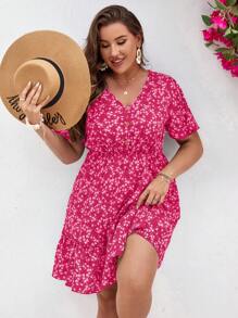 SHEIN VCAY 大碼碎花荷葉邊連衣裙 - 玫紅色 - 查看 6