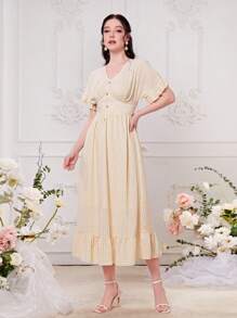 Mulvari Solid Flounce Sleeve Ruffle Hem Dress - Apricot - View 4