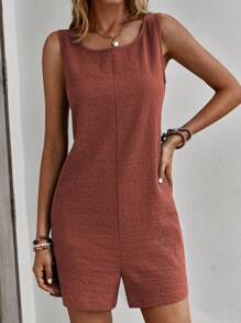 SHEIN LUNE Solid Sleeveless Romper - Rust Brown - View 3