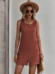 SHEIN LUNE Solid Sleeveless Romper - Rust Brown - View 4