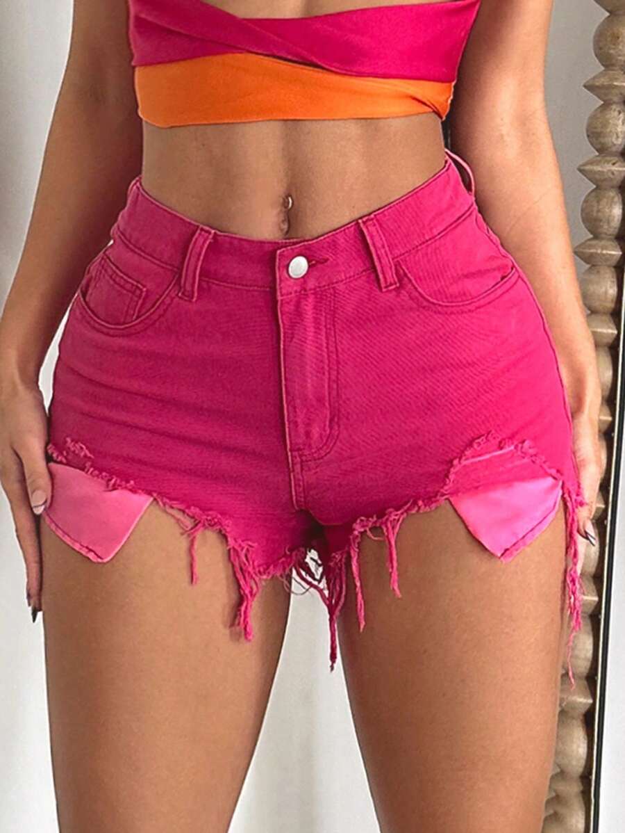 SHEIN SXY Ripped Raw Hem Denim Shorts - Hot Pink - View 1
