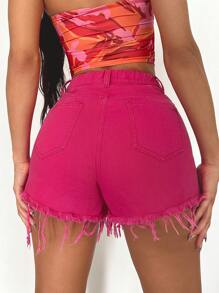 SHEIN SXY Ripped Raw Hem Denim Shorts - Hot Pink - View 2