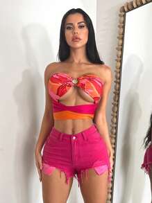 SHEIN SXY Ripped Raw Hem Denim Shorts - Hot Pink - View 4