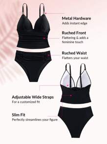 Swim DD+ 纯色褶皱聚拢比基尼套装夏季海滩 - 黑色 - 查看 3
