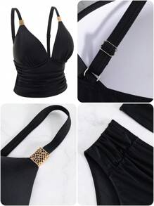 Swim DD+ 纯色褶皱聚拢比基尼套装夏季海滩 - 黑色 - 查看 5