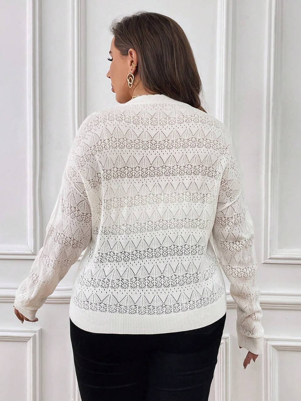Plus Drop Shoulder Pointelle Knit Sweater