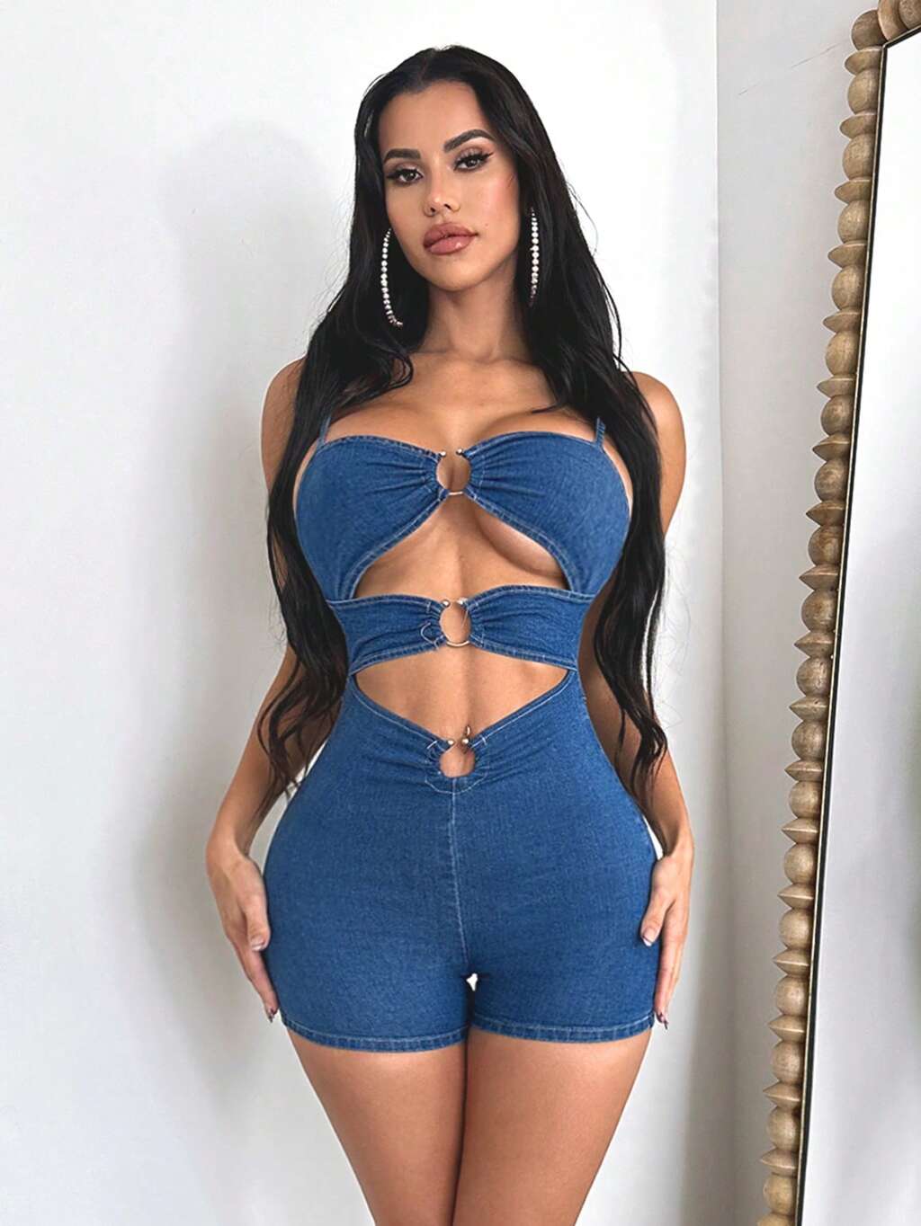Ring Linked Cut Out Front Tube Denim Romper