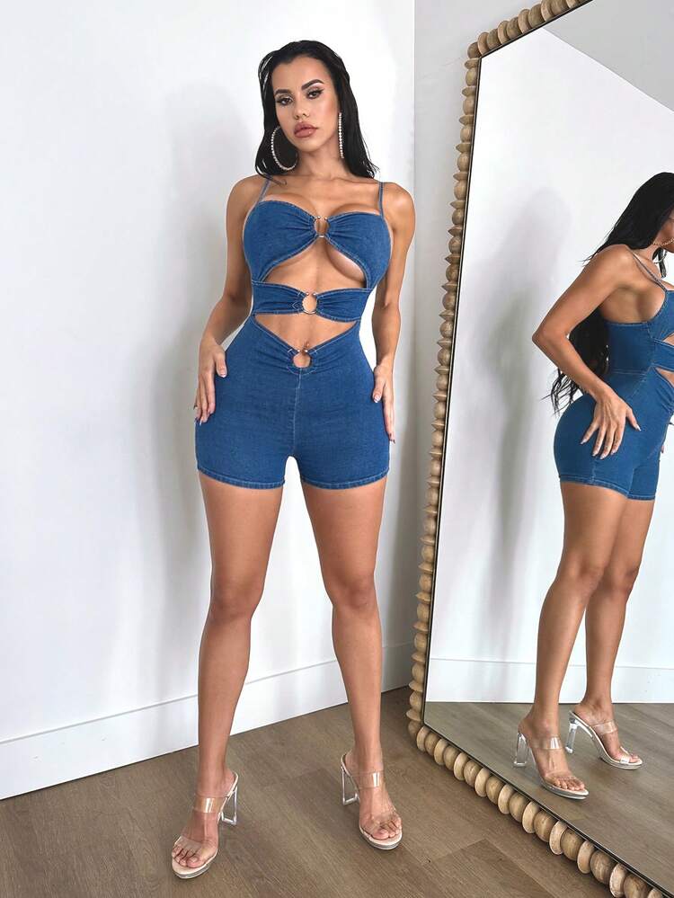 Ring Linked Cut Out Front Tube Denim Romper