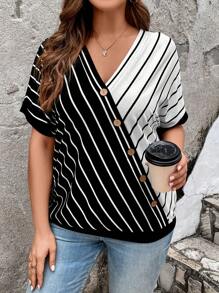 SHEIN LUNE Plus Striped Print Batwing Sleeve Button Front Summer Tee - Black and White - View 1