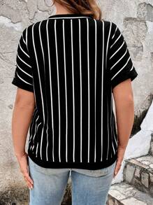 SHEIN LUNE Plus Striped Print Batwing Sleeve Button Front Summer Tee - Black and White - View 2