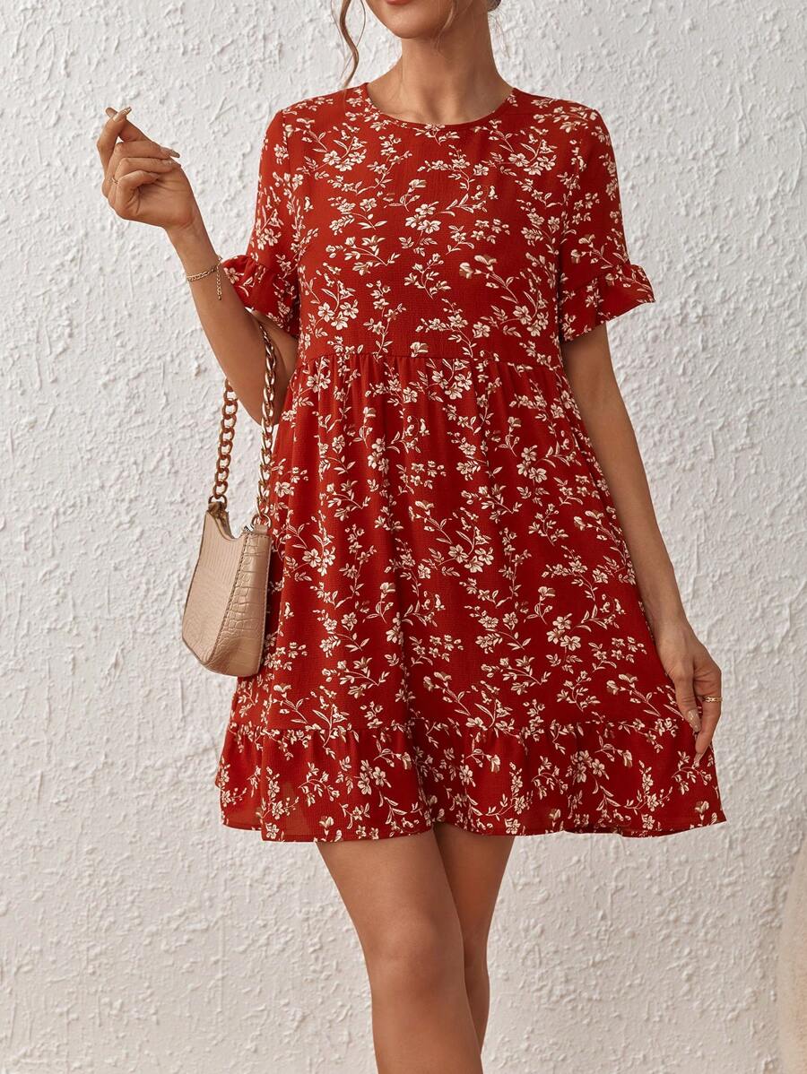 SHEIN LUNE In hoa Ditsy tay áo lá sen Xù Hoa Sen Váy Smock - Nhiều màu - Xem 1