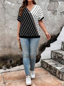 SHEIN LUNE Plus Striped Print Batwing Sleeve Button Front Summer Tee - Black and White - View 3
