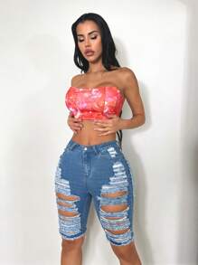 SHEIN SXY Quần short denim với các đường viền thô rách - Rửa trung bình - Xem 5