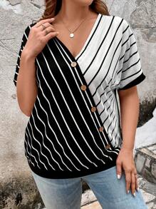 SHEIN LUNE Plus Striped Print Batwing Sleeve Button Front Summer Tee - Black and White - View 5