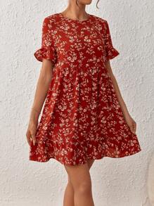 SHEIN LUNE In hoa Ditsy tay áo lá sen Xù Hoa Sen Váy Smock - Nhiều màu - Xem 4