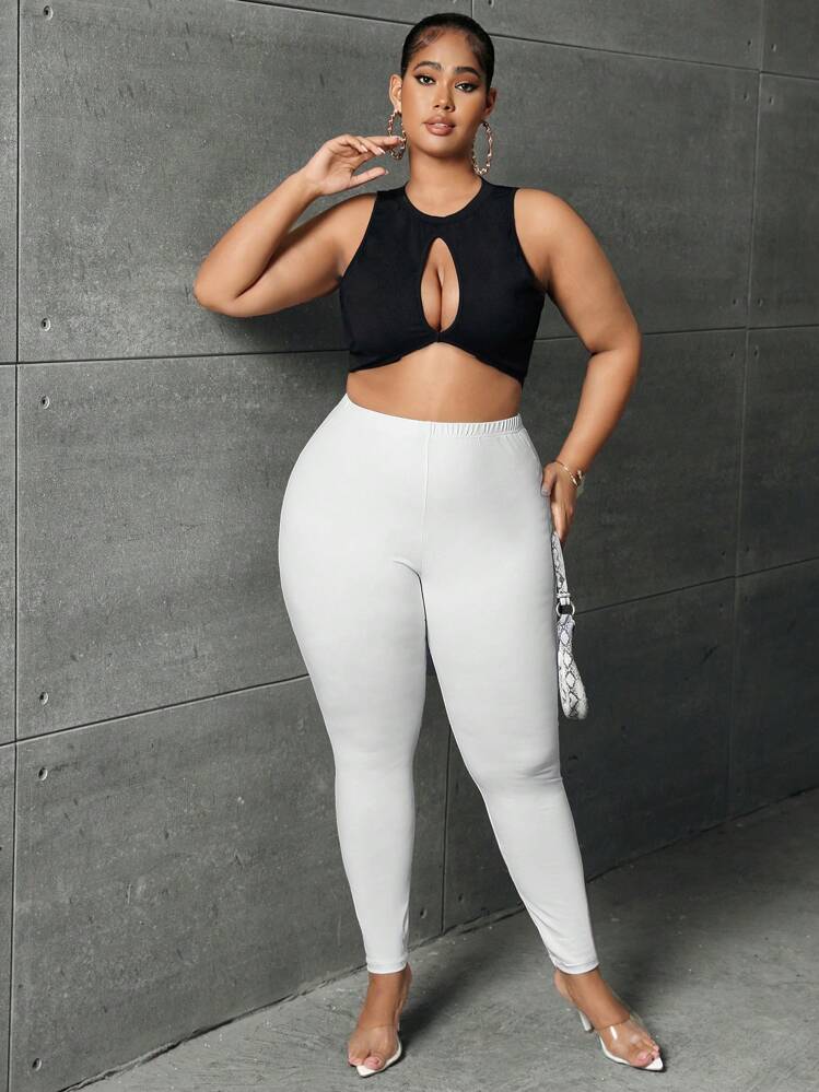 SHEIN SXY Talla grande Leggings unicolor de talle alto - Blanco - Añade 4
