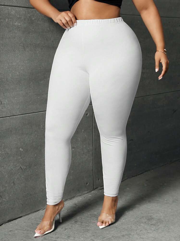 SHEIN SXY Talla grande Leggings unicolor de talle alto - Blanco - Añade 1