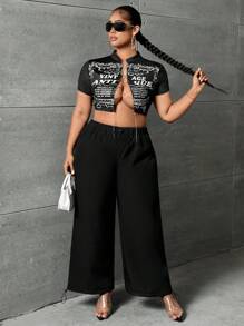 SHEIN SXY Plus Drawstring Waist Wide Leg Pants - Black - View 3