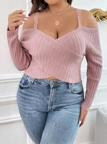 SHEIN Privé 蕾絲拼接 交叉 羅紋針織休閒純色大碼套頭毛衣 - 藕粉色 - 查看 1