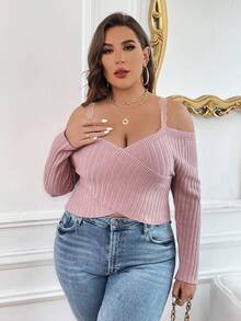 SHEIN Privé 蕾絲拼接 交叉 羅紋針織休閒純色大碼套頭毛衣 - 藕粉色 - 查看 3