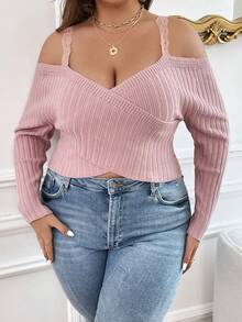 SHEIN Privé 蕾絲拼接 交叉 羅紋針織休閒純色大碼套頭毛衣 - 藕粉色 - 查看 7